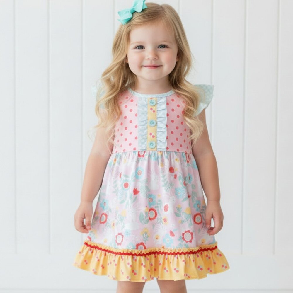 Polka Dot & Flower Flutter Twirl Dress, girl's, Easter, Spring, bunny
